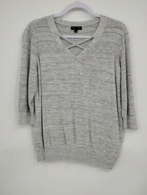 Lety & Me Niki Pointelle 3/4 Sleeve Pullover Grey Top Sweater XL